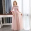 Affordable Pearl Pink Evening Dresses  2018 A-Line / Princess Lace Appliques Crystal Scoop Neck 3/4 Sleeve Floor-Length / Long Formal Dresses