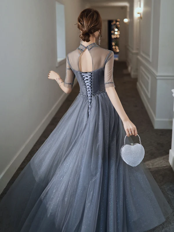 Charmant Gris Robe De Soirée 2020 Princesse Glitter Tulle Col Haut Perlage Faux Diamant 1/2 Manches Dos Nu Longue Robe De Ceremonie