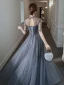 Charmant Gris Robe De Soirée 2020 Princesse Glitter Tulle Col Haut Perlage Faux Diamant 1/2 Manches Dos Nu Longue Robe De Ceremonie