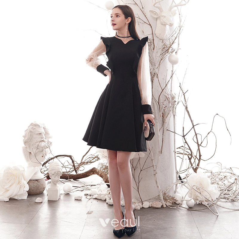 Simple Noire de retour Robe De Graduation 2020 Princesse V Cou Manches Longues Mi Longues Robe De Ceremonie