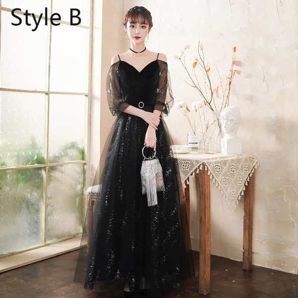 Abordable Noire Robe De Soirée 2020 Princesse Daim Ceinture Paillettes Manches Courtes Dos Nu Longue Robe De Ceremonie