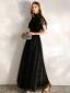 Chic / Beautiful Black Evening Dresses  2020 A-Line / Princess Suede High Neck Short Sleeve Floor-Length / Long Formal Dresses