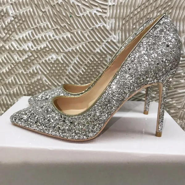 Sparkly Sølv Aften Pumps 2020 Paljetter 12 cm Stiletthæler Spisse Pumps