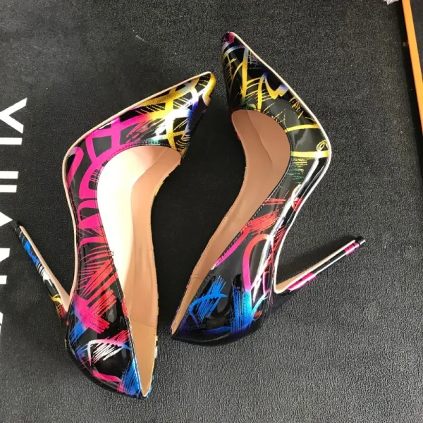 Amazing / Unique Black Doodle Rave Club Pumps 2020 Patent Leather 12 cm Stiletto Heels Pointed Toe Pumps