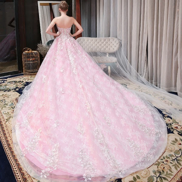Chic / Belle Rose Bonbon Robe De Mariée 2018 Princesse En Dentelle Appliques Perlage Paillettes Amoureux Dos Nu Sans Manches Cathedral Train Mariage