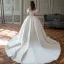 High-end Modest / Simple Ivory Satin Wedding Dresses 2021 Ball Gown Ruffle Off-The-Shoulder Short Sleeve Backless Royal Train Wedding