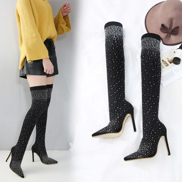 Charming Black Street Wear Womens Boots 2020 Rhinestone 12 cm Stiletto Heels Pointed Toe Boots
