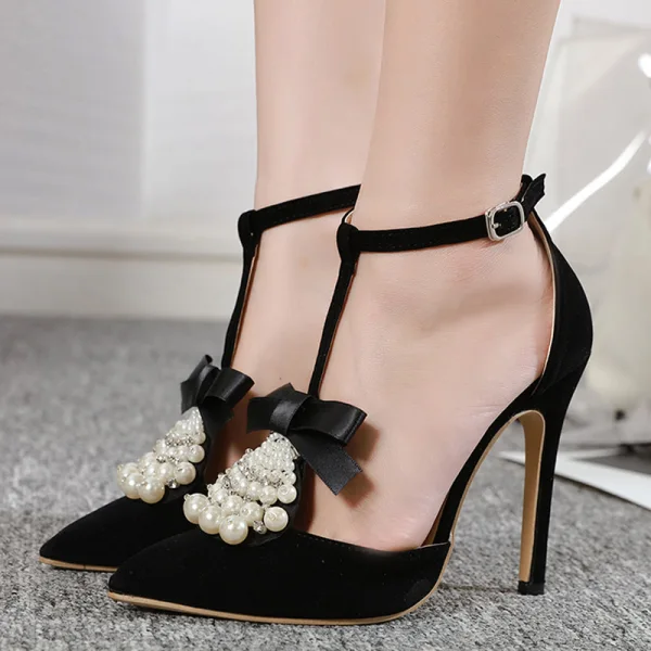 Mode Schwarz Abend Damenschuhe 2020 Perle Schleife 12 cm Stilettos Spitzschuh Hochhackige
