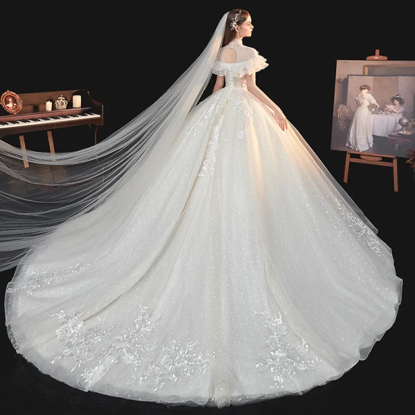 Illusion Champagne Lace Flower Sequins Wedding Dresses 2021 Ball Gown High Neck Ruffle Short Sleeve Backless Cathedral Train Wedding