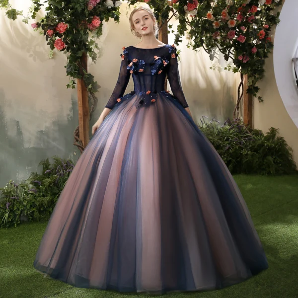 Elegant Royal Blue Quinceañera Prom Dresses 2018 Ball Gown Appliques Pearl Scoop Neck Backless 3/4 Sleeve Floor-Length / Long Formal Dresses