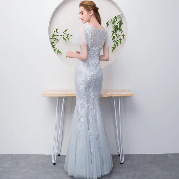 Chic / Beautiful Grey Evening Dresses 2018 Ball Gown Beading Lace Flower V-Neck Short Sleeve Floor-Length / Long Formal Dresses