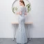Chic / Beautiful Grey Evening Dresses  2018 Ball Gown Beading Lace Flower V-Neck Short Sleeve Floor-Length / Long Formal Dresses