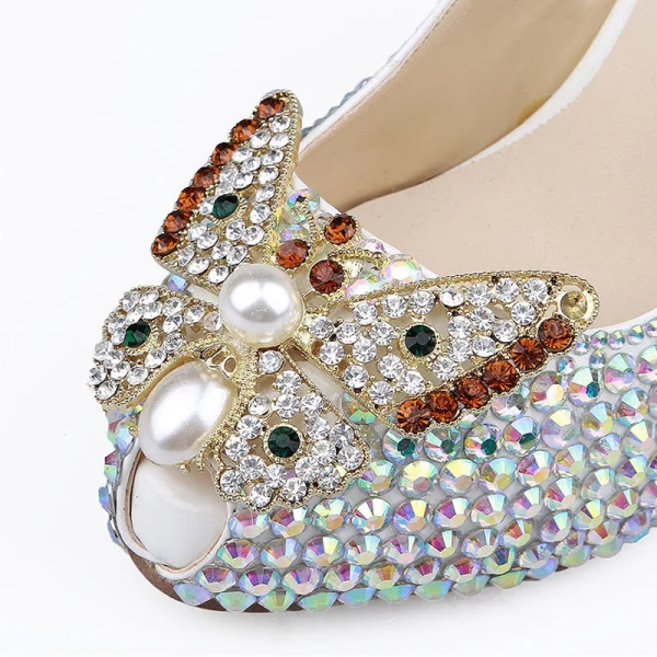 Błyszczące Multi-Kolory Rhinestone Buty Ślubne 2020 Skórzany Perła 12 cm Szpilki Peep Toe Ślub Czółenka