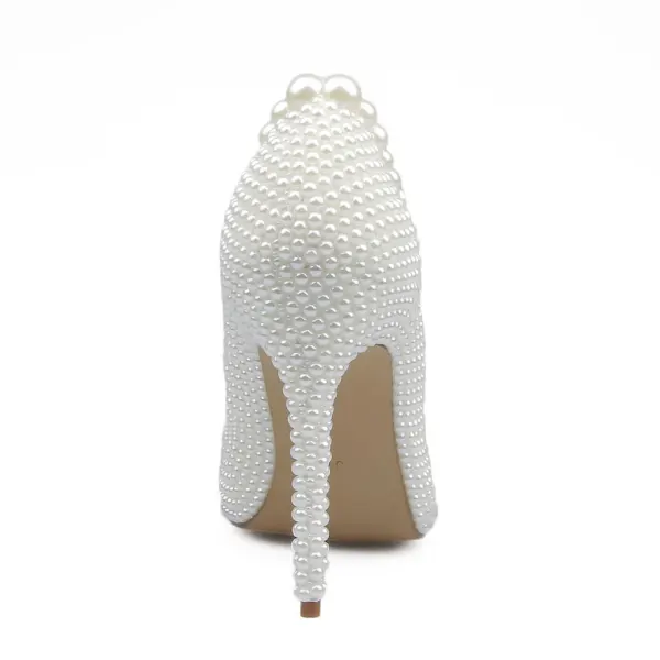 Mode Ivoire Perle Chaussure De Mariée 2020 Cuir Faux Diamant Papillon 10 cm Talons Aiguilles À Bout Pointu Mariage Escarpins