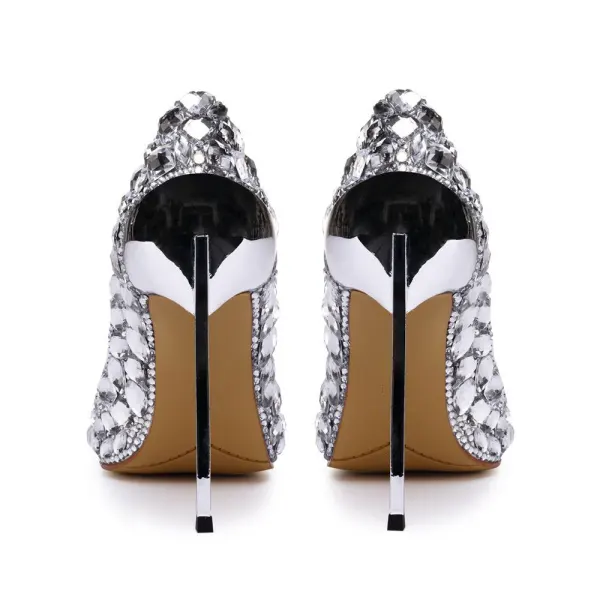 Uroczy Srebrny Buty Ślubne 2020 Skórzany Rhinestone 12 cm Szpilki Szpiczaste Ślub Czółenka
