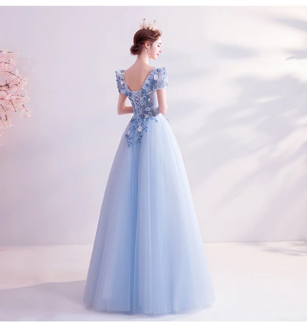 Fairytale Sky Blue Prom Dresses 2020 A-Line / Princess V-Neck Appliques Pearl Lace Flower Short Sleeve Backless Floor-Length / Long Formal Dresses