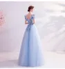 Fairytale Sky Blue Prom Dresses 2020 A-Line / Princess V-Neck Appliques Pearl Lace Flower Short Sleeve Backless Floor-Length / Long Formal Dresses