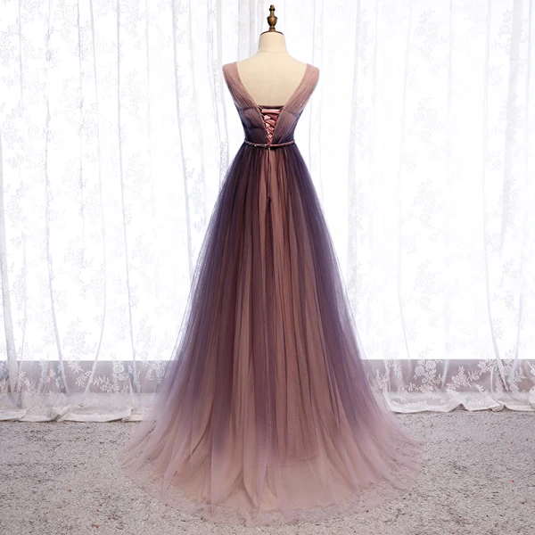 Chic / Beautiful Gradient-Color Purple Evening Dresses  2020 A-Line / Princess V-Neck Sash Sleeveless Backless Floor-Length / Long Formal Dresses