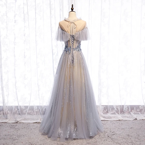 Charming Grey Prom Dresses 2020 A-Line / Princess Scoop Neck Beading Appliques Lace Flower Rhinestone Sequins Short Sleeve Backless Floor-Length / Long Formal Dresses