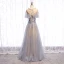 Charming Grey Prom Dresses 2020 A-Line / Princess Scoop Neck Beading Appliques Lace Flower Rhinestone Sequins Short Sleeve Backless Floor-Length / Long Formal Dresses