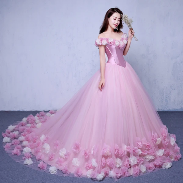 Élégant Rose Bonbon Robe De Mariée 2018 Robe Boule Appliques De l'épaule Dos Nu Manches Courtes Chapel Train Mariage
