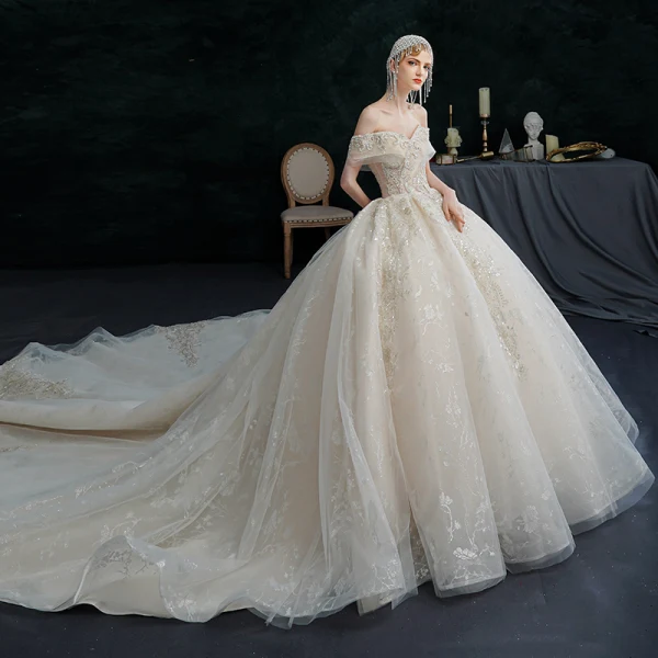 Illusion Champagne Wedding Dresses 2021 Ball Gown Off-The-Shoulder Beading Pearl Rhinestone Sequins Short Sleeve Backless Royal Train Wedding