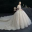 Illusion Champagne Wedding Dresses 2021 Ball Gown Off-The-Shoulder Beading Pearl Rhinestone Sequins Short Sleeve Backless Royal Train Wedding