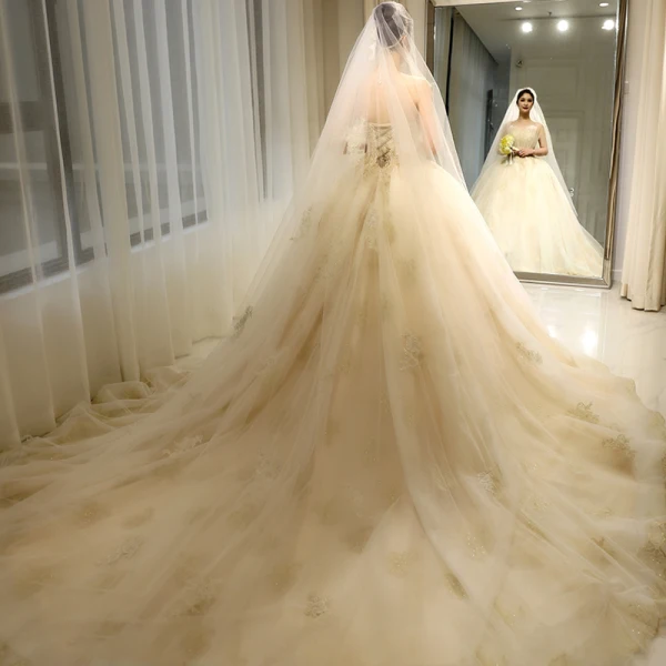 Luxe Champagne Robe De Mariée 2018 Dos Nu Robe Boule Perlage Paillettes Bretelles Spaghetti Sans Manches Royal Train Mariage