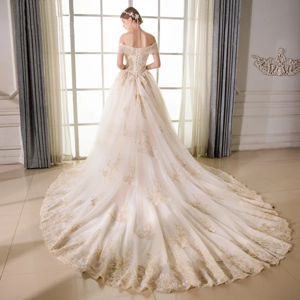 Elegant Champagne Wedding Dresses 2018 A-Line / Princess Lace Embroidered Beading Off-The-Shoulder Backless Short Sleeve Royal Train Wedding