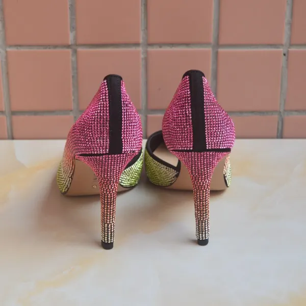 Charmant Multi-Couleurs Soirée Arc en ciel Escarpins 2020 Cuir Faux Diamant 9 cm Talons Aiguilles À Bout Pointu Escarpins