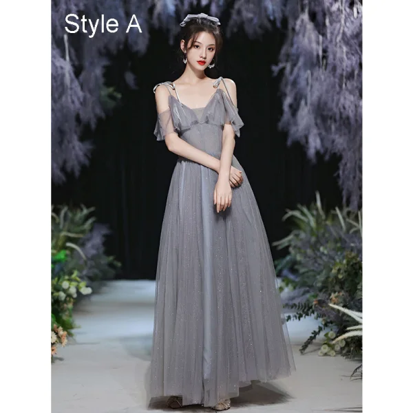 Modest / Simple Grey Bridesmaid Dresses 2021 A-Line / Princess Glitter Spaghetti Straps Short Sleeve Backless Floor-Length / Long Bridesmaid Wedding Party Dresses