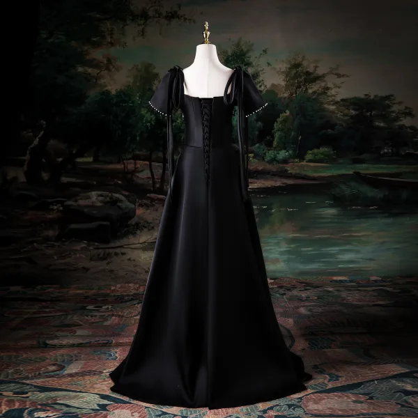 Elegant Black Pearl Prom Dresses 2025 A-Line / Princess Square Neckline Short Sleeve Backless Floor-Length / Long Prom Formal Dresses
