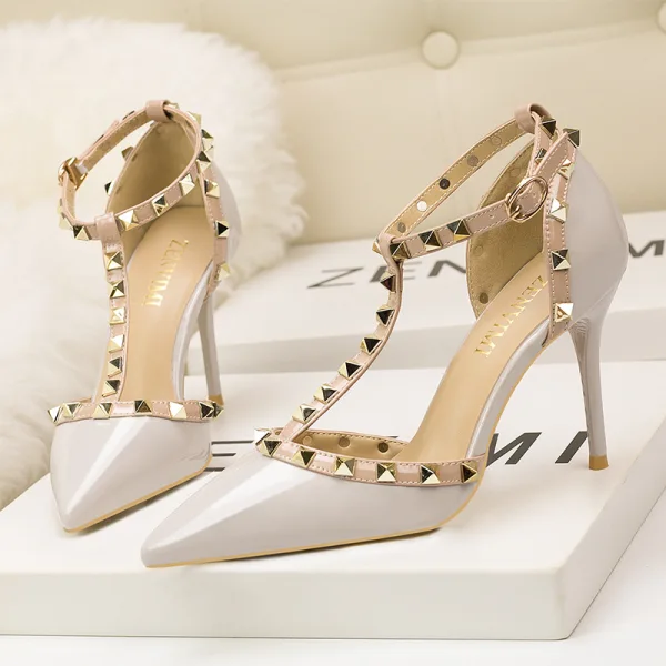 Fashion Red Evening Party Rivet Womens Sandals 2020 T-Strap 9 cm Stiletto Heels Pointed Toe Sandals