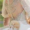 Luxury / Gorgeous Vintage / Retro Medieval Handmade  Beading Ivory Wedding Dresses 2021 Ball Gown Scoop Neck Long Sleeve Sash Bow Lace Flower Pearl Rhinestone Royal Train Wedding
