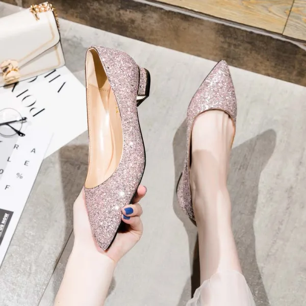 Charmant Argenté Chaussure De Mariée 2020 Paillettes À Bout Pointu Plate Mariage Escarpins