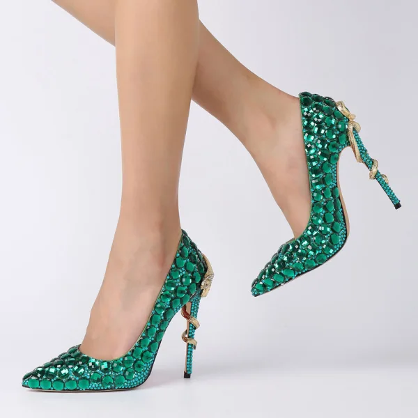 Amazing / Unique Dark Green Rave Club Pumps 2020 Leather Snakeskin Print 11 cm Stiletto Heels Pointed Toe Pumps