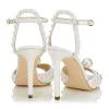 Charming Ivory Pearl Wedding Shoes 2020 Leather Ankle Strap 10 cm Stiletto Heels Open / Peep Toe Wedding Sandals