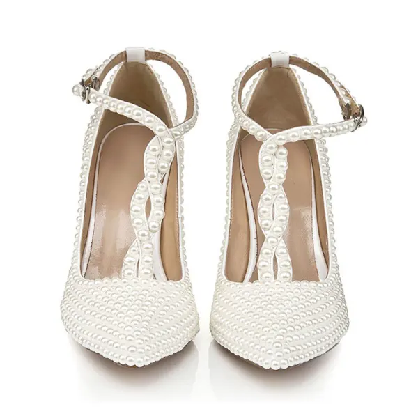 Charmant Ivory / Creme Perle Brautschuhe 2020 Leder Strass T-Riemen 10 cm Stilettos Spitzschuh Pumps