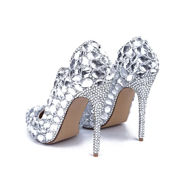 Schöne Silber Abend Strass Pumps 2020 Leder 10 cm Stilettos Spitzschuh Pumps