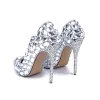 Chic / Beautiful Silver Evening Party Rhinestone Pumps 2020 Leather 10 cm Stiletto Heels Pointed Toe Pumps