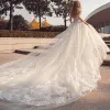 Chic / Beautiful White Wedding Dresses 2018 Ball Gown Lace Embroidered Scoop Neck Backless Long Sleeve Royal Train Wedding
