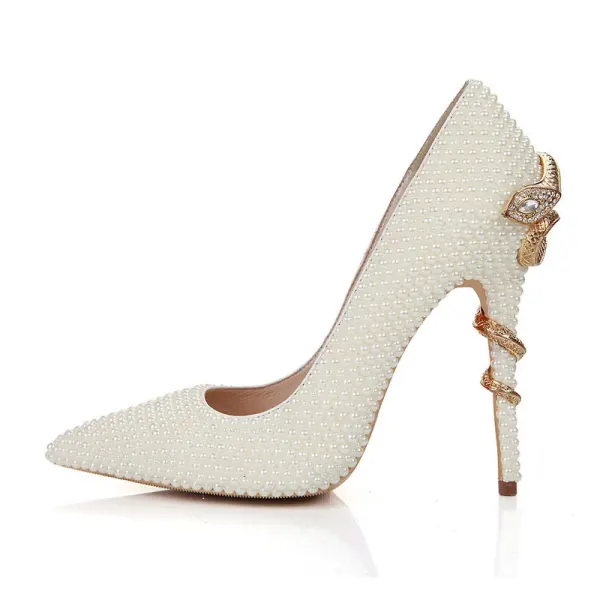 Mode Ivoire Perle Chaussure De Mariée 2020 Cuir 11 cm Talons Aiguilles À Bout Pointu Mariage Escarpins