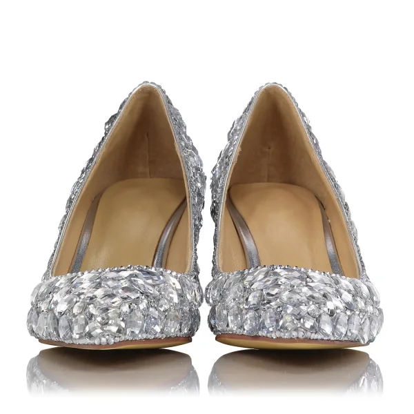 Chic / Beautiful Silver Rhinestone Wedding Shoes 2020 Leather 6 cm Stiletto Heels Pointed Toe Wedding Pumps