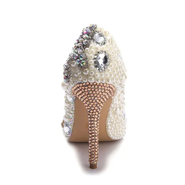 Eleganckie Kość Słoniowa Kryształ Buty Ślubne 2020 Skórzany Perła Rhinestone 11 cm Szpilki Szpiczaste Ślub Czółenka