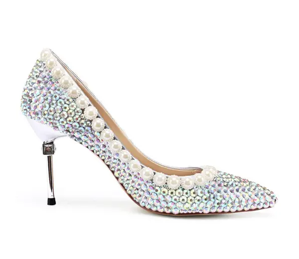 Charming Multi-Colors Rhinestone Wedding Shoes 2020 Leather Pearl 8 cm Stiletto Heels Pointed Toe Wedding Pumps