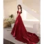 Charming Burgundy Beading Crystal Evening Dresses  2021 A-Line / Princess Scoop Neck Short Sleeve Backless Chapel Train Evening Party Formal Dresses