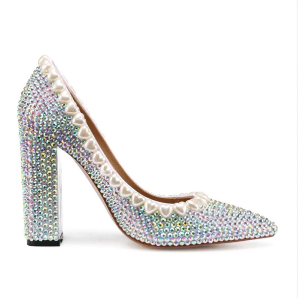 Charmant Multi-Kleuren Rhinestone Bruidsschoenen 2020 Leer 10 cm Dikke Hak Spitse Neus Huwelijk Pumps