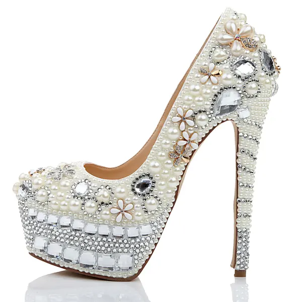 Charmant Ivory / Creme Brautschuhe 2020 Leder Perle Kristall Strass 15 cm Stilettos Runde Zeh Hochzeit Pumps