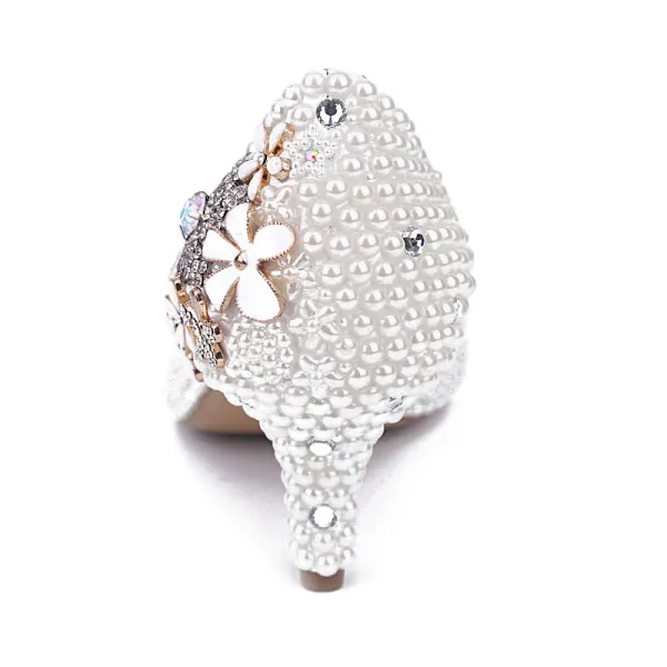 Moda Kość Słoniowa Perła Buty Ślubne 2020 Skórzany Rhinestone 6 cm Szpilki Szpiczaste Ślub Czółenka