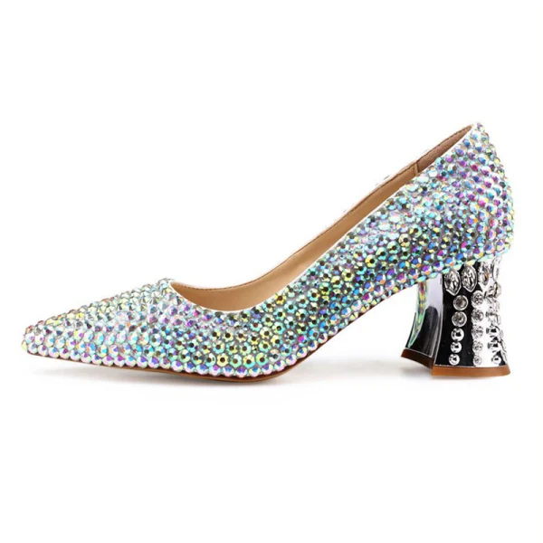 Mooie / Prachtige Multi-Kleuren Rhinestone Bruidsschoenen 2020 Leer 5 cm Dikke Hak Spitse Neus Huwelijk Pumps
